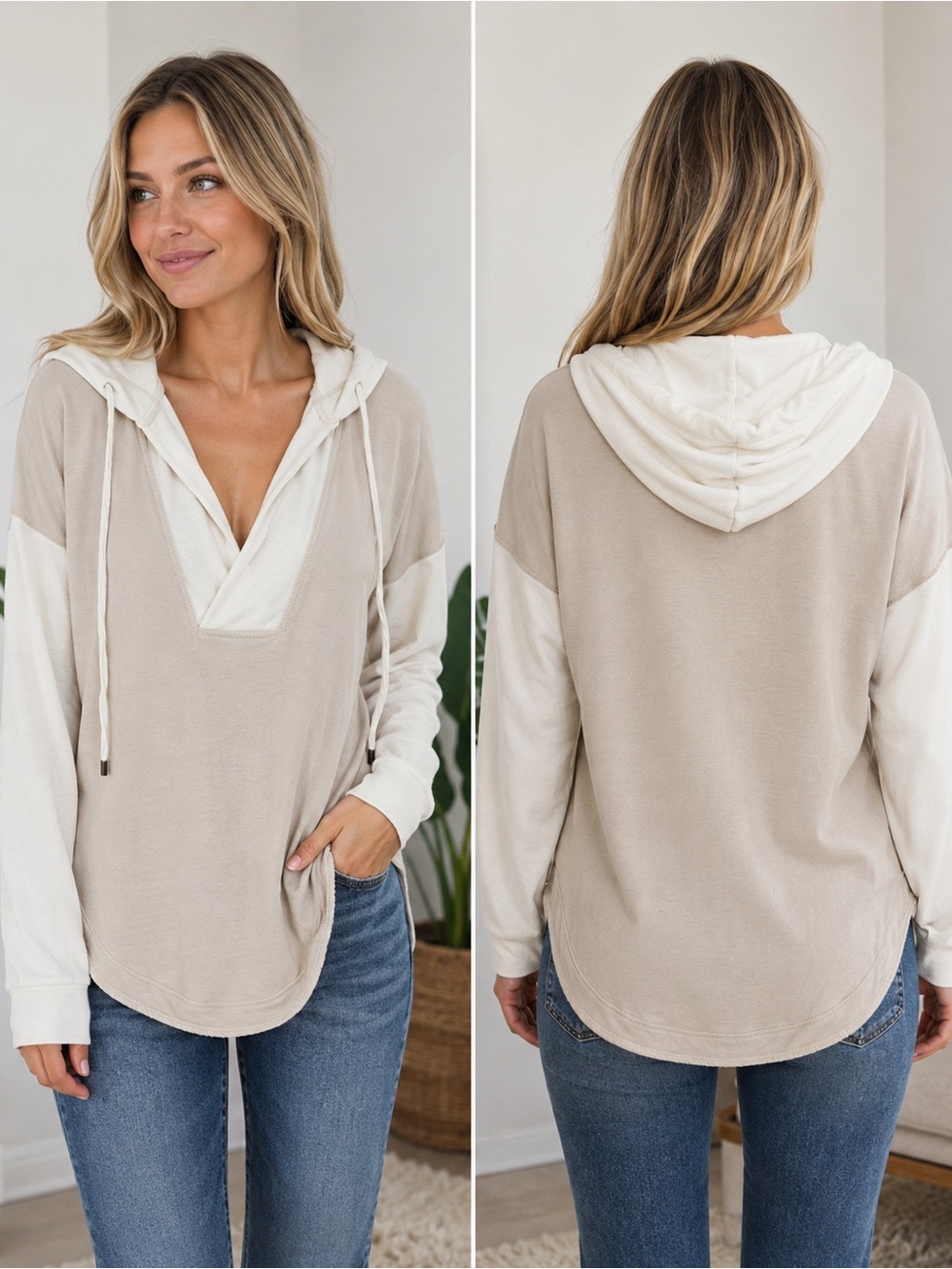 Pilcro Anthropologie Colorblock Hooded Pullover Size S Beige Ivory